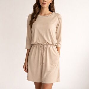 You & Me Dress Large‎ Long Sleeve Tan Camel Knit Pockets Casual Brunch Office